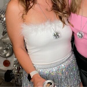 Revolve White crop top with feathers